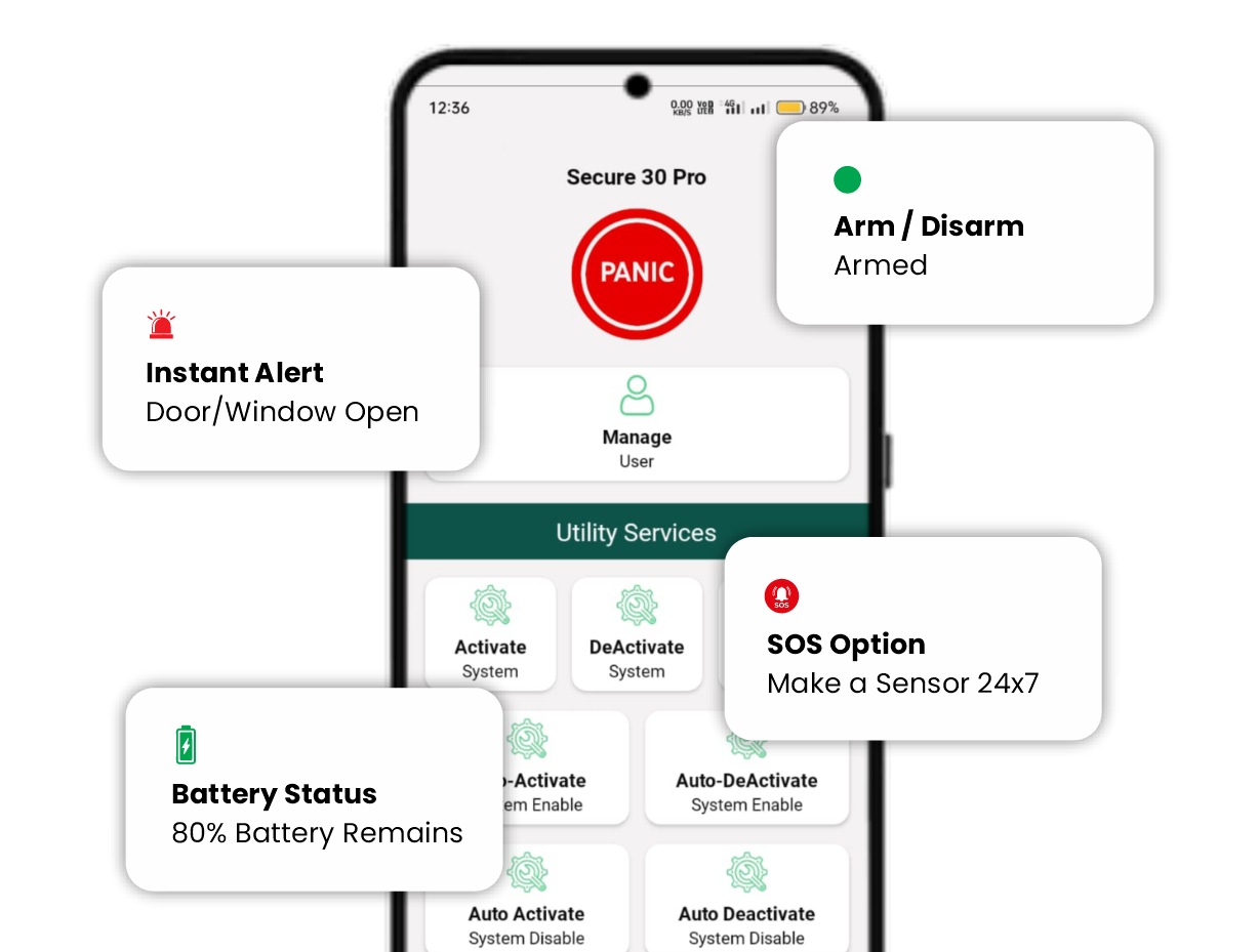 Utility Gadgets Secure 30 Pro app with instant alerts, arm/disarm, SOS and battery status